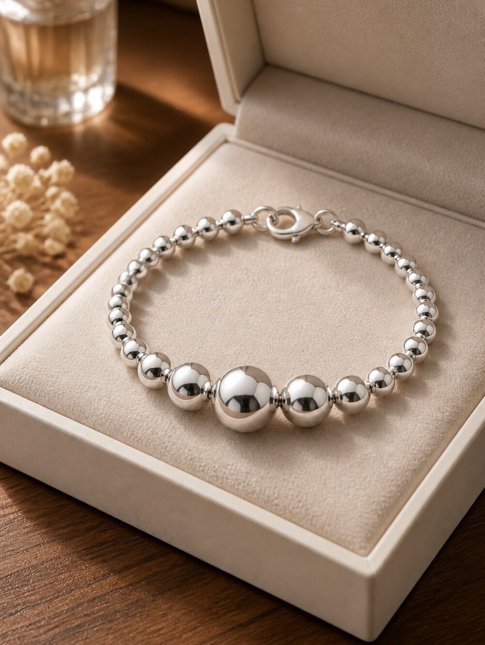 8" Sterling Silver Beaded Bracelet - Polished Silver Ball Design